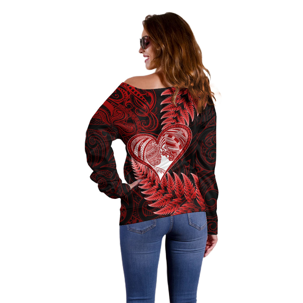 New Zealand Valentine Day Off Shoulder Sweater Aotearoa Warrior and Woman Love Story Silver Fern Koru Red Style LT03 - Polynesian Pride