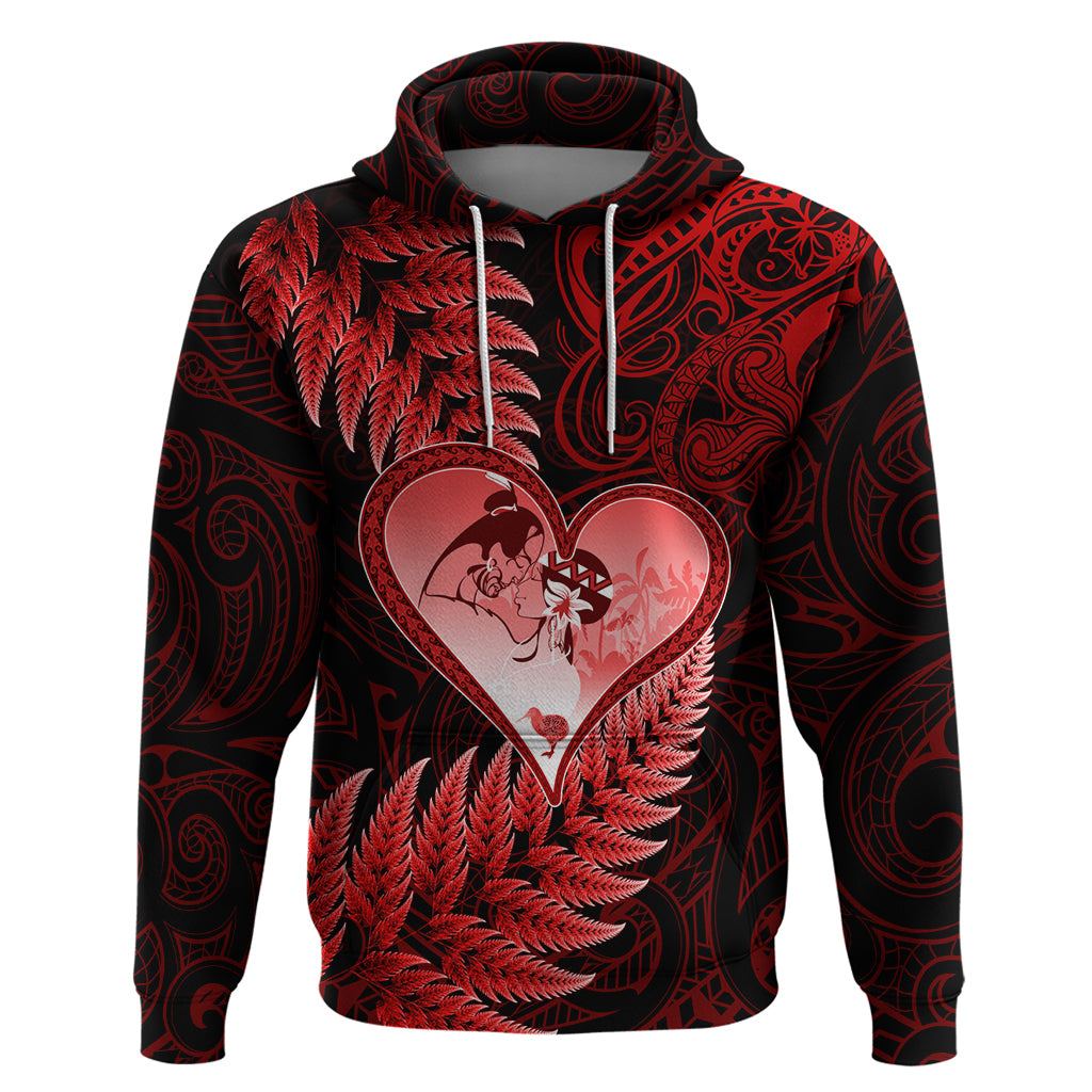 New Zealand Valentine Day Zip Hoodie Aotearoa Warrior and Woman Love Story Silver Fern Koru Red Style LT03 Pullover Hoodie Red - Polynesian Pride
