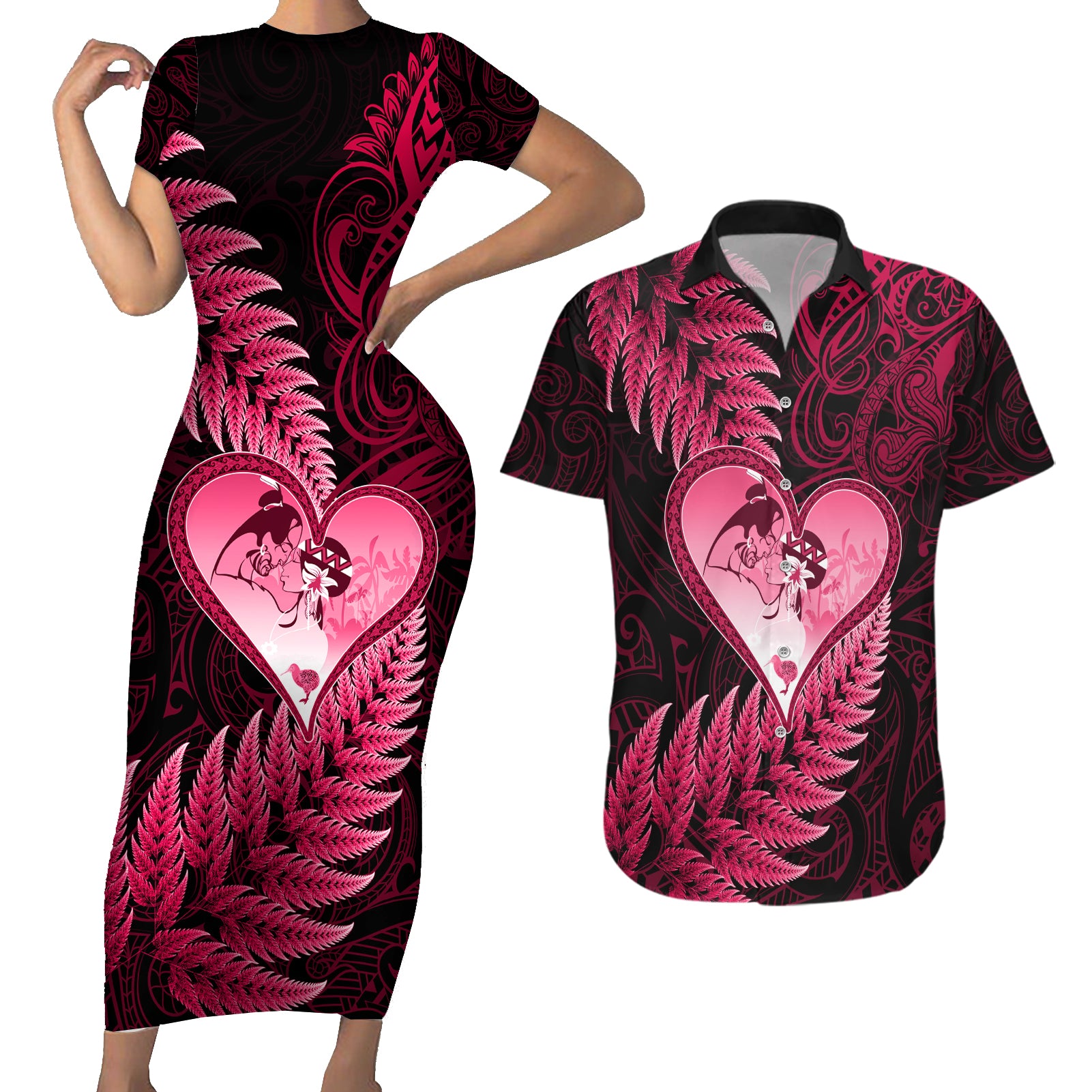 New Zealand Valentine Day Couples Matching Short Sleeve Bodycon Dress and Hawaiian Shirt Aotearoa Warrior Love Story Silver Fern Koru Pink Style LT03 Pink - Polynesian Pride