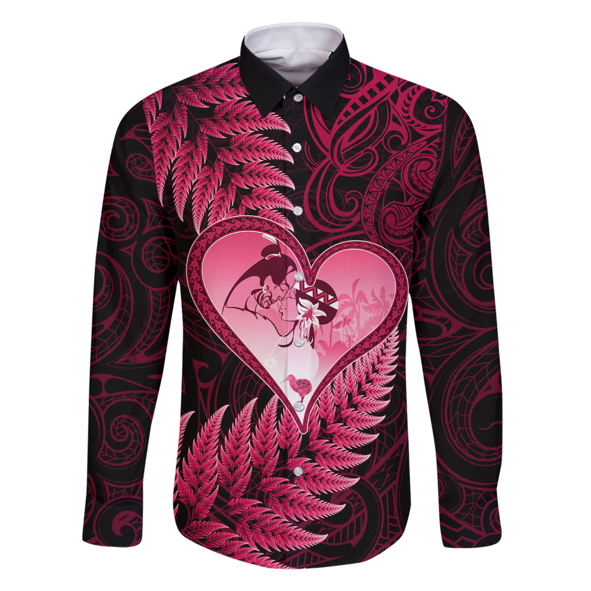 New Zealand Valentine Day Family Matching Long Sleeve Bodycon Dress and Hawaiian Shirt Aotearoa Warrior Love Story Silver Fern Koru Pink Style LT03 Dad's Shirt - Long Sleeve Pink - Polynesian Pride