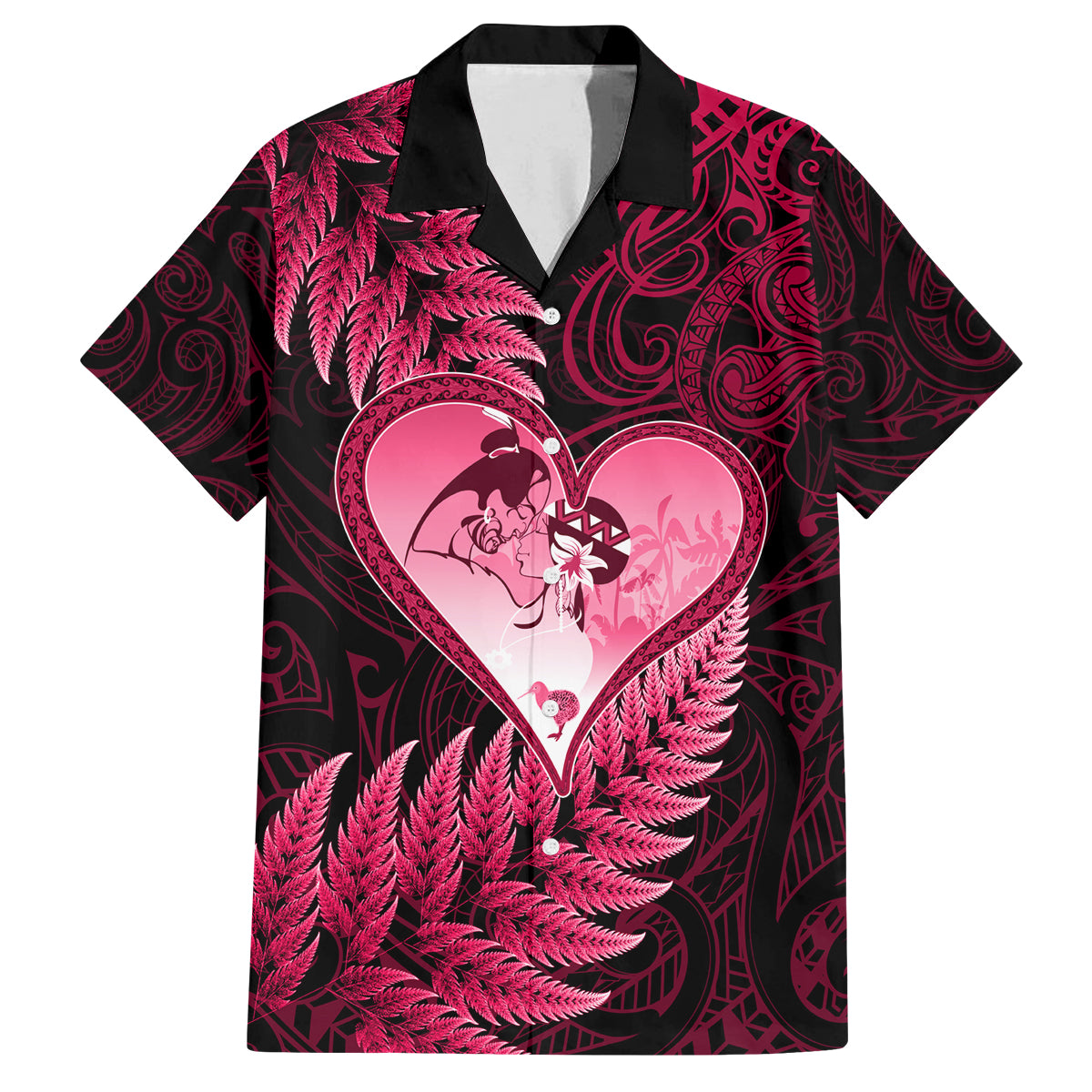 New Zealand Valentine Day Family Matching Off Shoulder Short Dress and Hawaiian Shirt Aotearoa Warrior Love Story Silver Fern Koru Pink Style LT03 Dad's Shirt - Short Sleeve Pink - Polynesian Pride