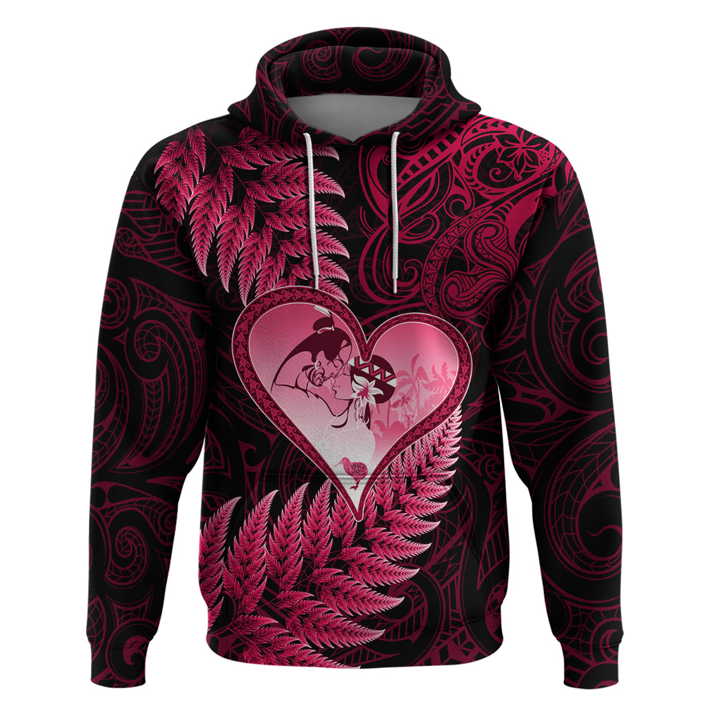 New Zealand Valentine Day Hoodie Aotearoa Warrior Love Story Silver Fern Koru Pink Style LT03 Pullover Hoodie Pink - Polynesian Pride