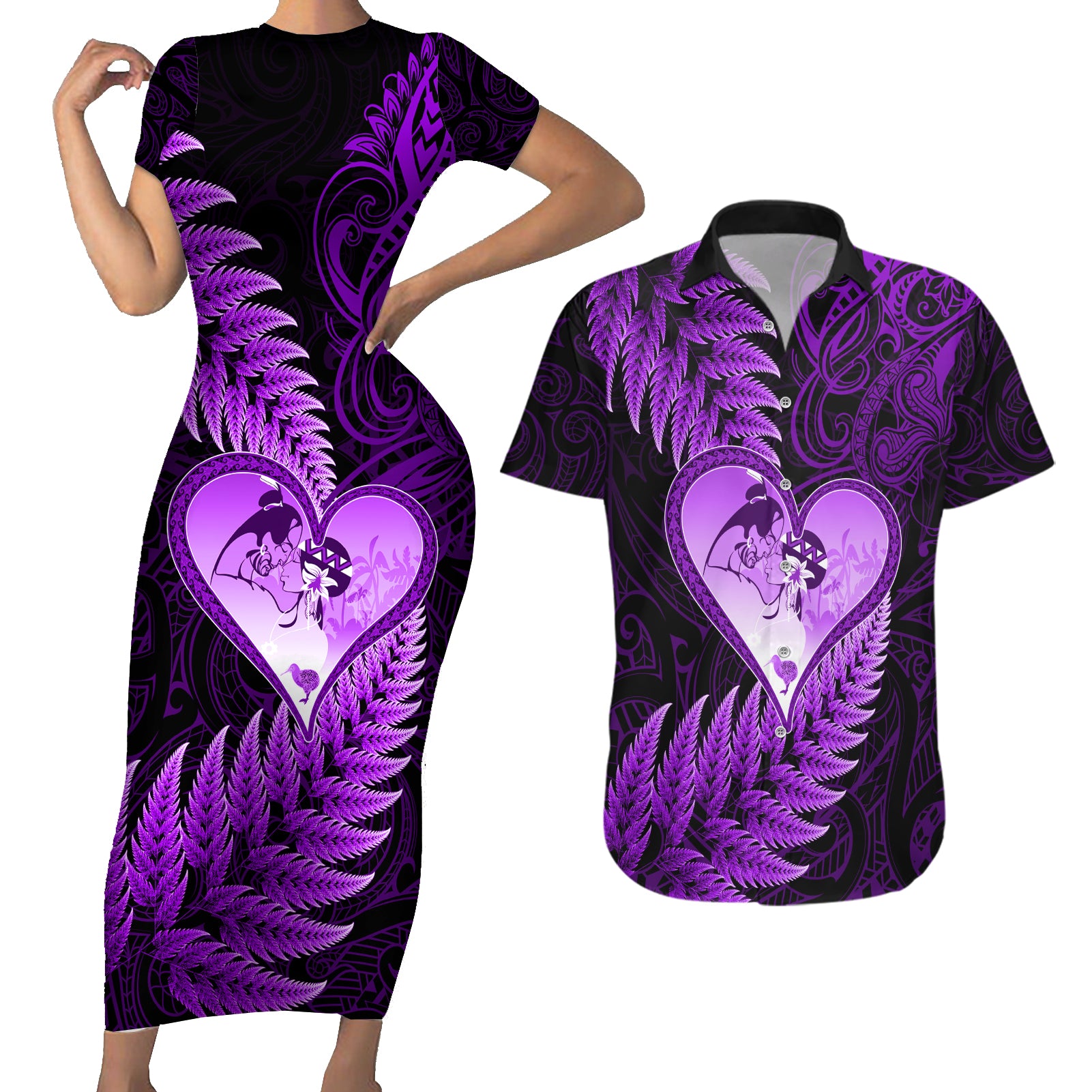 New Zealand Valentine Day Couples Matching Short Sleeve Bodycon Dress and Hawaiian Shirt Aotearoa Warrior Love Story Silver Fern Koru Purple Style LT03 Purple - Polynesian Pride