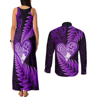 New Zealand Valentine Day Couples Matching Tank Maxi Dress and Long Sleeve Button Shirt Aotearoa Warrior Love Story Silver Fern Koru Purple Style LT03 - Polynesian Pride