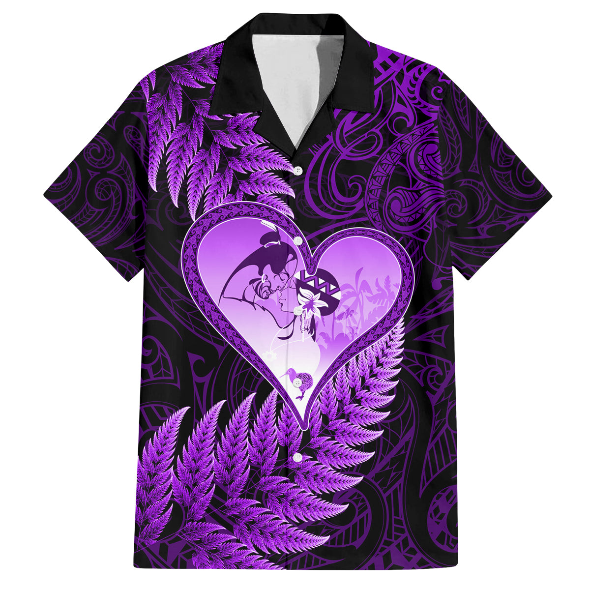New Zealand Valentine Day Family Matching Off Shoulder Maxi Dress and Hawaiian Shirt Aotearoa Warrior Love Story Silver Fern Koru Purple Style LT03 Dad's Shirt - Short Sleeve Purple - Polynesian Pride
