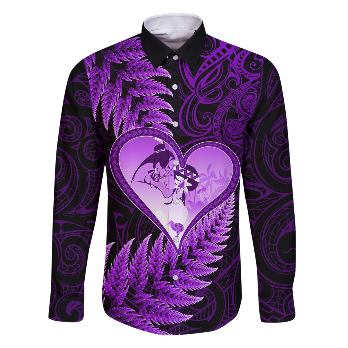 New Zealand Valentine Day Family Matching Tank Maxi Dress and Hawaiian Shirt Aotearoa Warrior Love Story Silver Fern Koru Purple Style LT03 Dad's Shirt - Long Sleeve Purple - Polynesian Pride