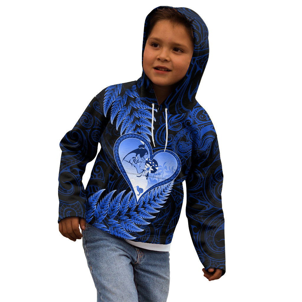 New Zealand Valentine Day Kid Hoodie Aotearoa Warrior Love Story Silver Fern Koru Blue Style LT03 - Polynesian Pride