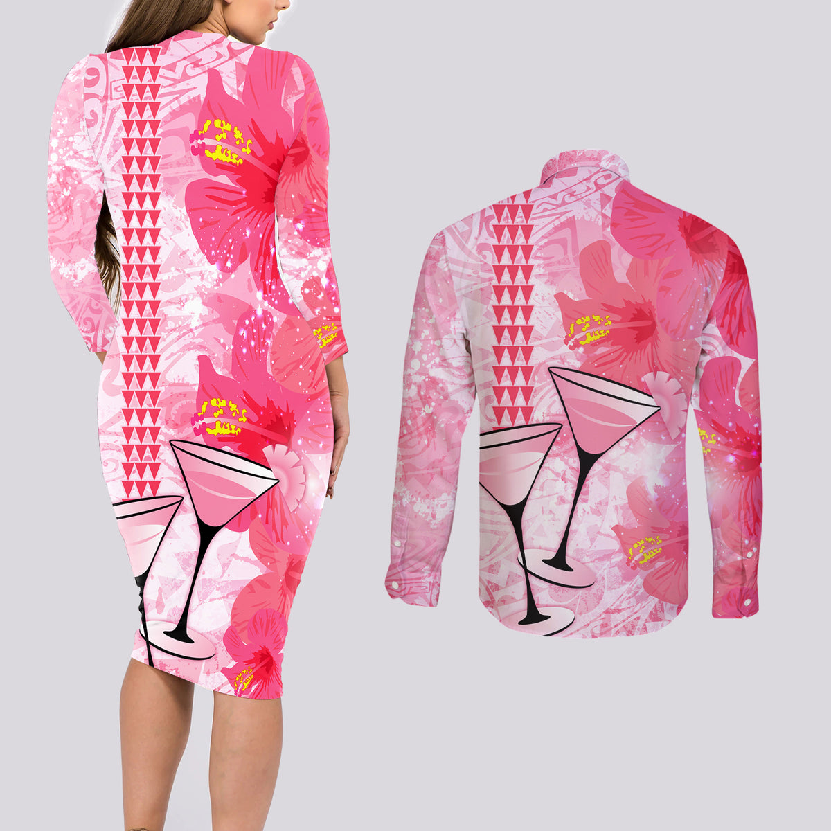 Hawaiian Cocktail Valentine Day Couples Matching Long Sleeve Bodycon Dress and Long Sleeve Button Shirt Hibiscus Kakau Pattern Pink Version LT03 - Polynesian Pride