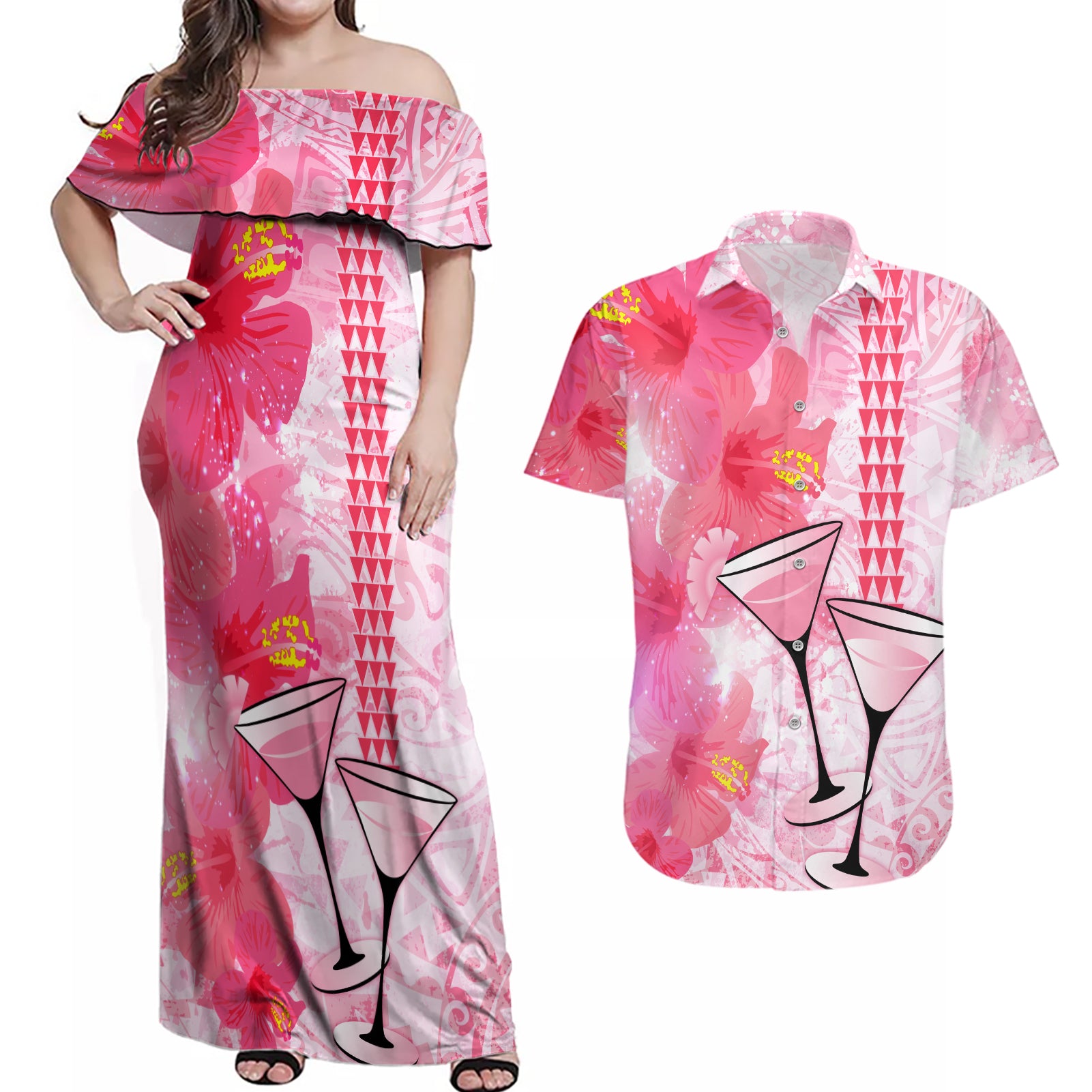 Hawaiian Cocktail Valentine Day Couples Matching Off Shoulder Maxi Dress and Hawaiian Shirt Hibiscus Kakau Pattern Pink Version LT03 Pink - Polynesian Pride