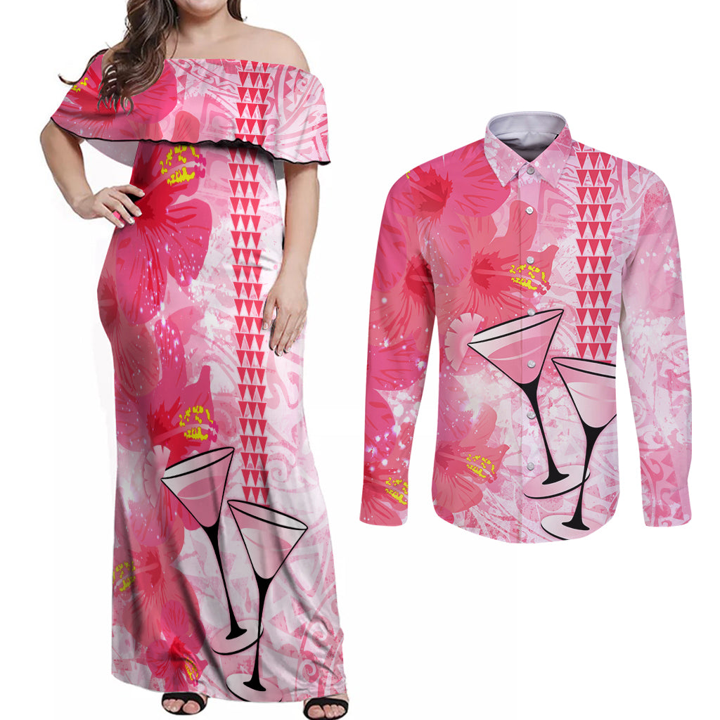 Hawaiian Cocktail Valentine Day Couples Matching Off Shoulder Maxi Dress and Long Sleeve Button Shirt Hibiscus Kakau Pattern Pink Version LT03 Pink - Polynesian Pride