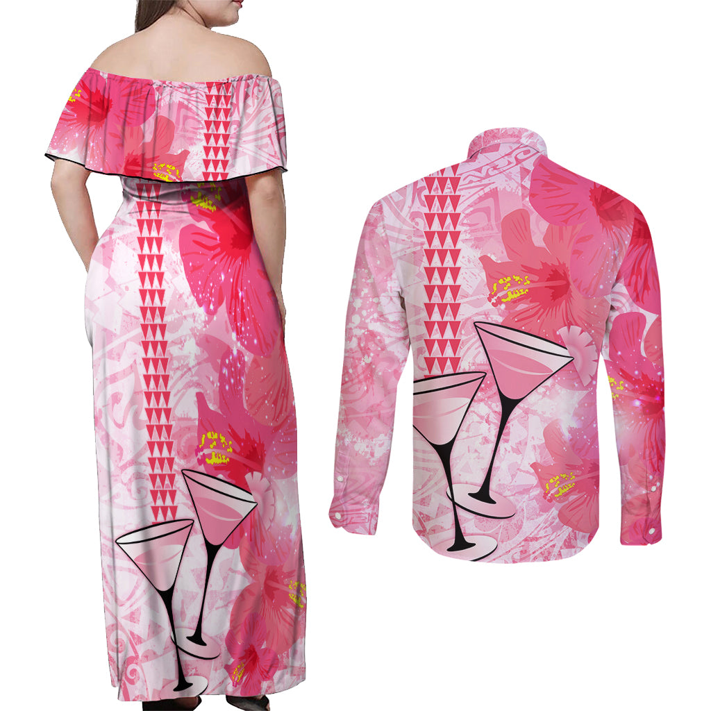 Hawaiian Cocktail Valentine Day Couples Matching Off Shoulder Maxi Dress and Long Sleeve Button Shirt Hibiscus Kakau Pattern Pink Version LT03 - Polynesian Pride