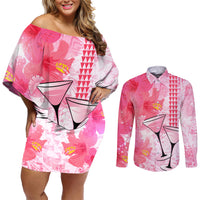 Hawaiian Cocktail Valentine Day Couples Matching Off Shoulder Short Dress and Long Sleeve Button Shirt Hibiscus Kakau Pattern Pink Version LT03 Pink - Polynesian Pride