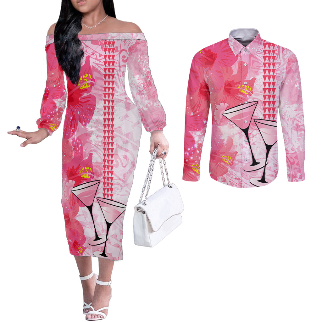 Hawaiian Cocktail Valentine Day Couples Matching Off The Shoulder Long Sleeve Dress and Long Sleeve Button Shirt Hibiscus Kakau Pattern Pink Version LT03 Pink - Polynesian Pride