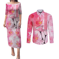 Hawaiian Cocktail Valentine Day Couples Matching Puletasi and Long Sleeve Button Shirt Hibiscus Kakau Pattern Pink Version LT03 Pink - Polynesian Pride