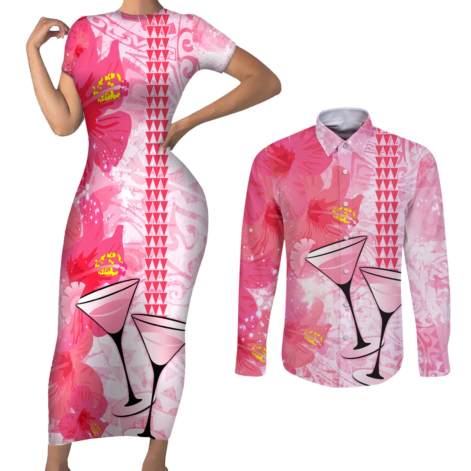 Hawaiian Cocktail Valentine Day Couples Matching Short Sleeve Bodycon Dress and Long Sleeve Button Shirt Hibiscus Kakau Pattern Pink Version LT03 Pink - Polynesian Pride