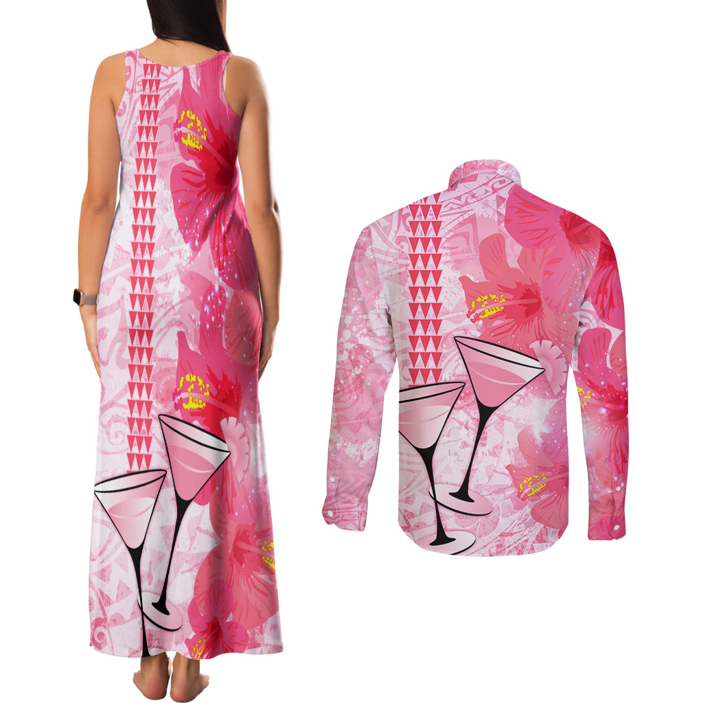 Hawaiian Cocktail Valentine Day Couples Matching Tank Maxi Dress and Long Sleeve Button Shirt Hibiscus Kakau Pattern Pink Version LT03 - Polynesian Pride
