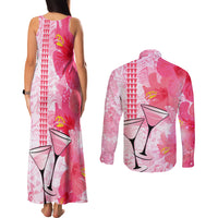Hawaiian Cocktail Valentine Day Couples Matching Tank Maxi Dress and Long Sleeve Button Shirt Hibiscus Kakau Pattern Pink Version LT03 - Polynesian Pride