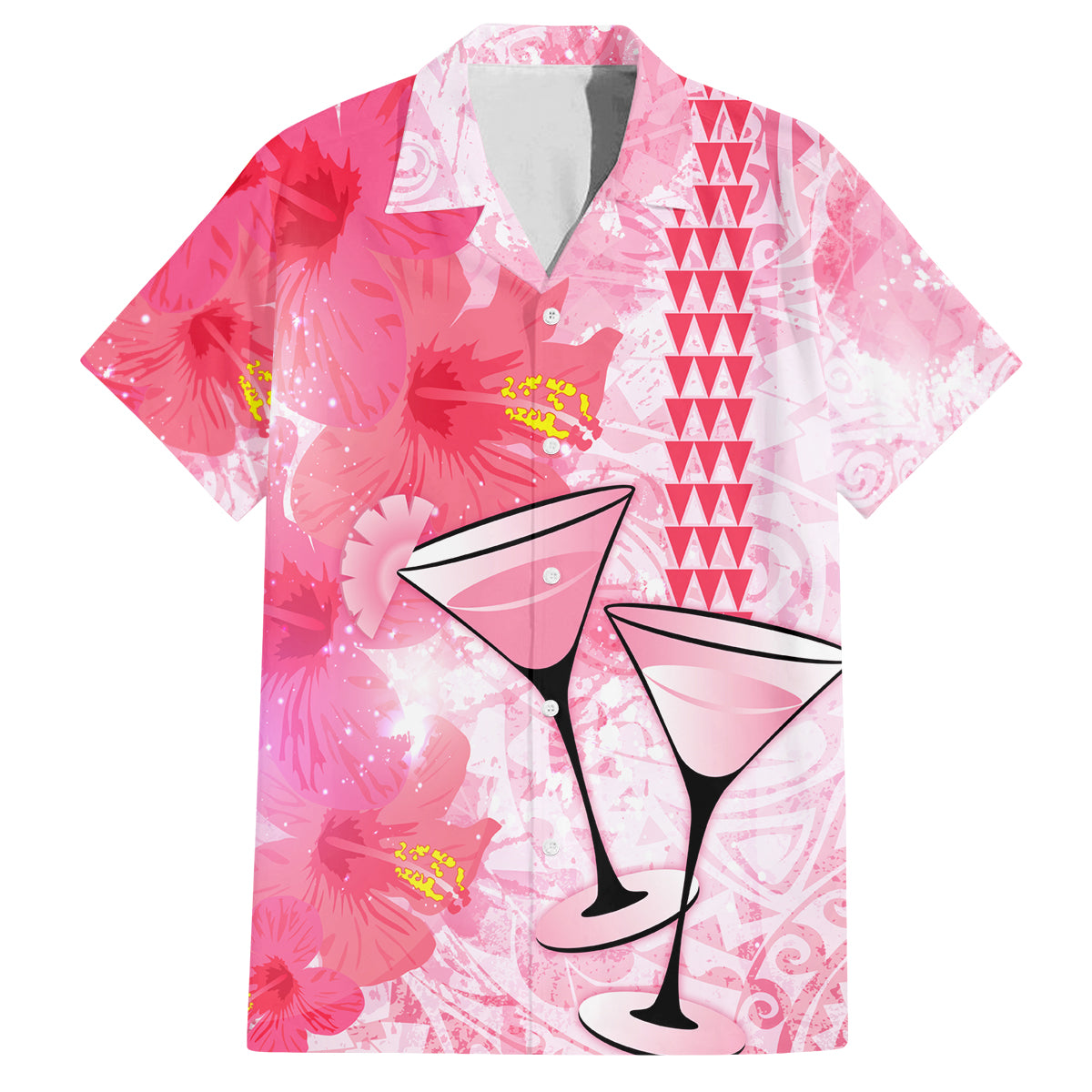 Hawaiian Cocktail Valentine Day Family Matching Off Shoulder Long Sleeve Dress and Hawaiian Shirt Hibiscus Kakau Pattern Pink Version LT03 Dad's Shirt - Short Sleeve Pink - Polynesian Pride
