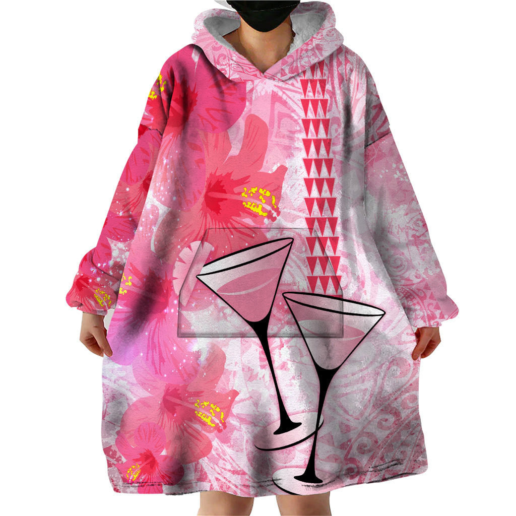 Hawaiian Cocktail Valentine Day Wearable Blanket Hoodie Hibiscus Kakau Pattern Pink Version LT03 - Polynesian Pride