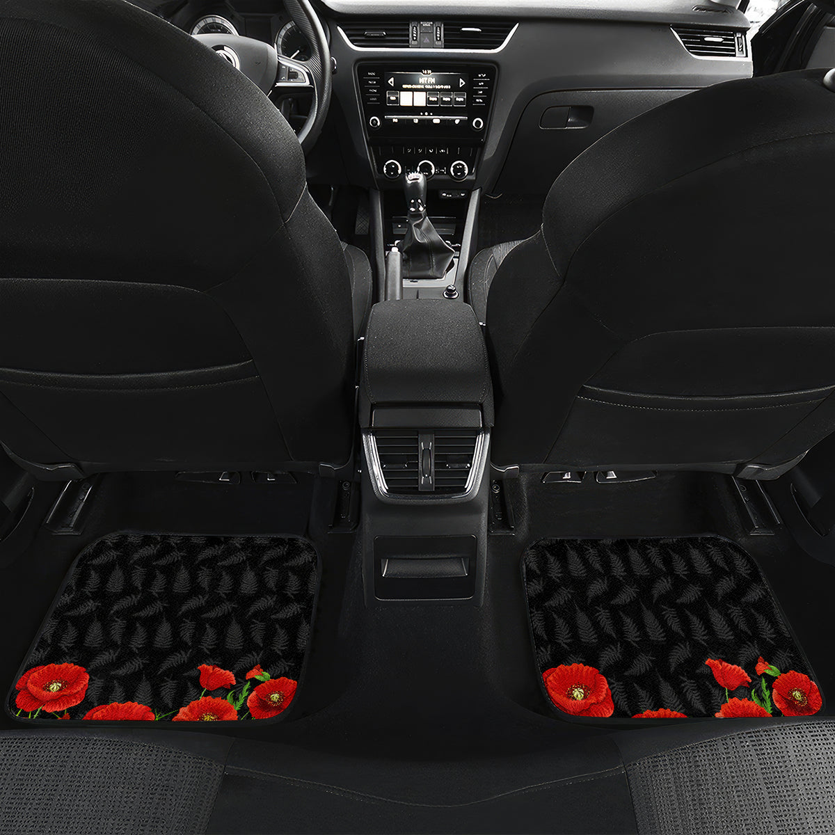 New Zealand Kiwi Soldier ANZAC Car Mats Red Poppy Flower and Silver Fern Pattern LT03 Set 2pcs - Back Black - Polynesian Pride