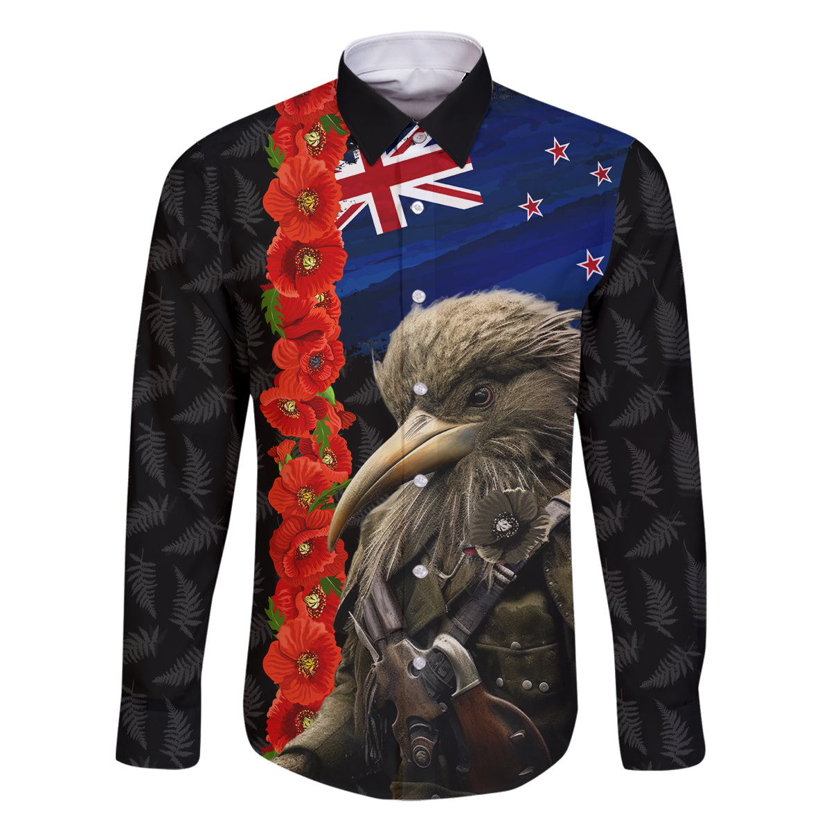 New Zealand Kiwi Soldier ANZAC Family Matching Mermaid Dress and Hawaiian Shirt Red Poppy Flower and Silver Fern Pattern LT03 Dad's Shirt - Long Sleeve Black - Polynesian Pride