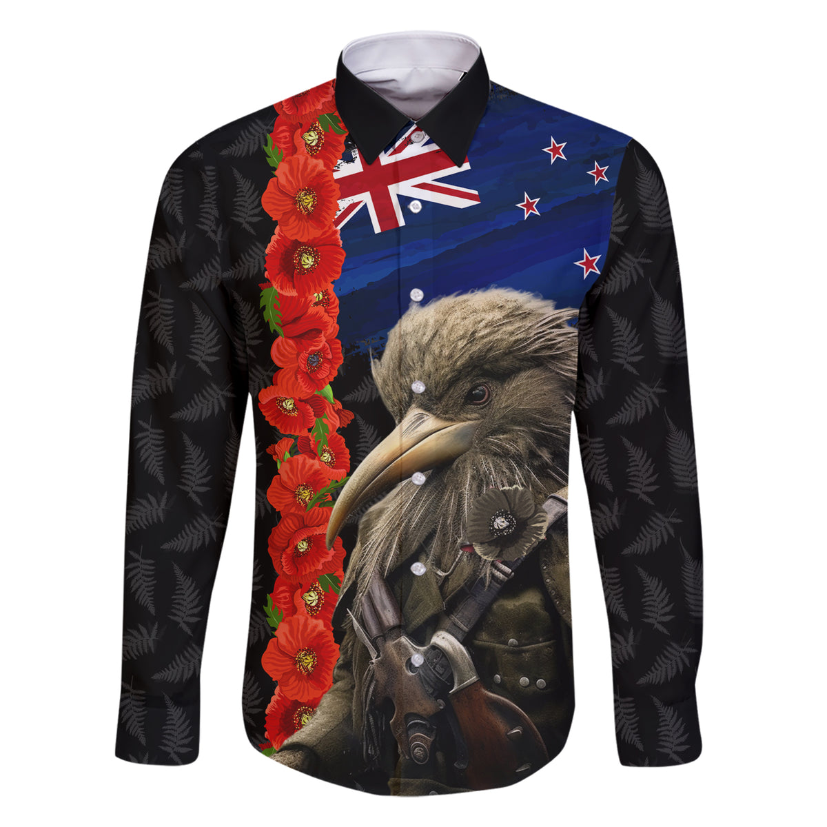 New Zealand Kiwi Soldier ANZAC Family Matching Short Sleeve Bodycon Dress and Hawaiian Shirt Red Poppy Flower and Silver Fern Pattern LT03 Dad's Shirt - Long Sleeve Black - Polynesian Pride