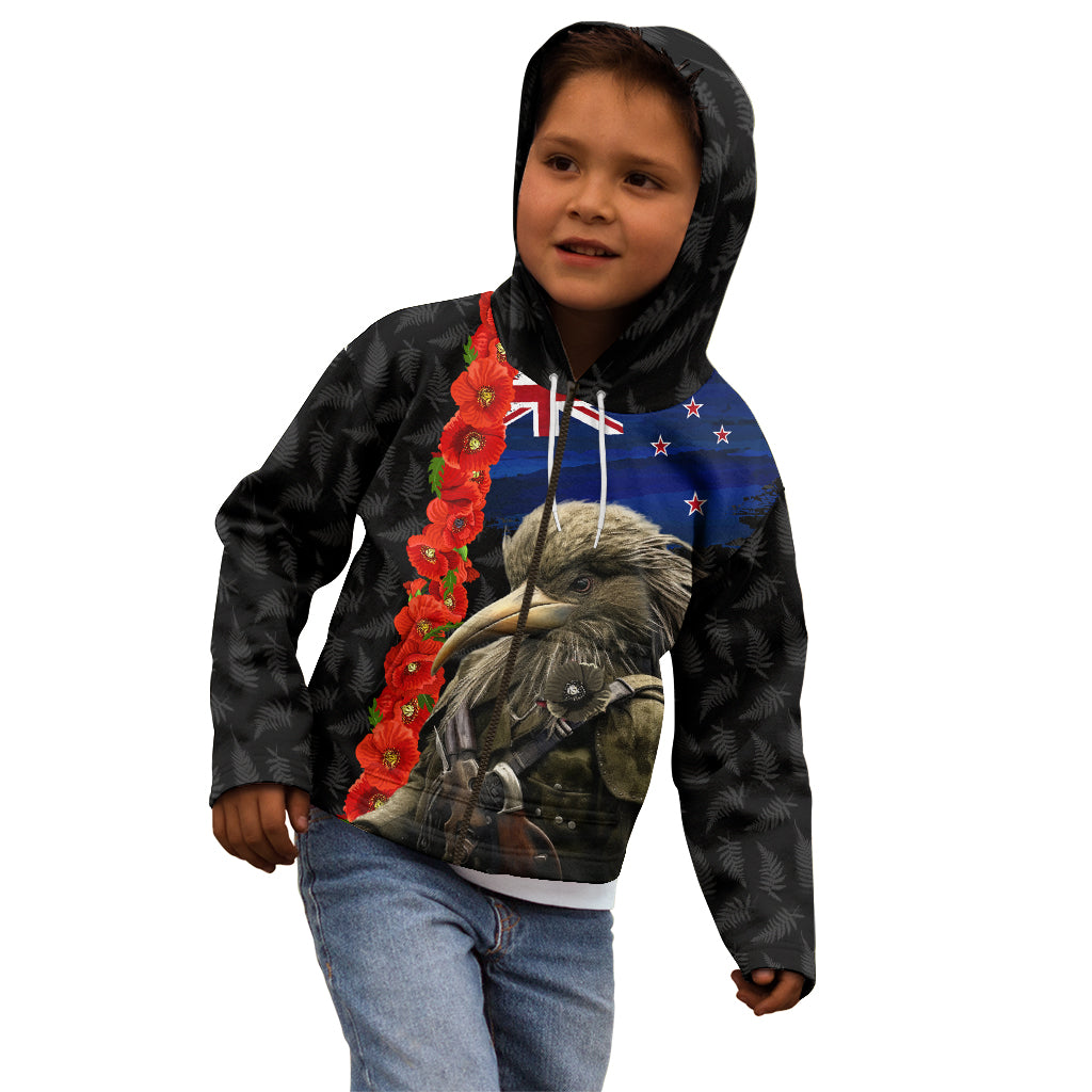 New Zealand Kiwi Soldier ANZAC Kid Hoodie Red Poppy Flower and Silver Fern Pattern LT03 - Polynesian Pride