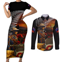 Slouch Hat and Biscuits ANZAC Couples Matching Short Sleeve Bodycon Dress and Long Sleeve Button Shirt with Soldier Silver Fern LT03 Black - Polynesian Pride