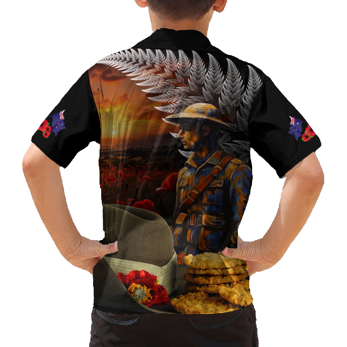 Slouch Hat and Biscuits ANZAC Family Matching Long Sleeve Bodycon Dress and Hawaiian Shirt with Soldier Silver Fern LT03 - Polynesian Pride