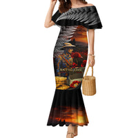 Slouch Hat and Biscuits ANZAC Family Matching Mermaid Dress and Hawaiian Shirt with Soldier Silver Fern LT03 Mom's Dress Black - Polynesian Pride
