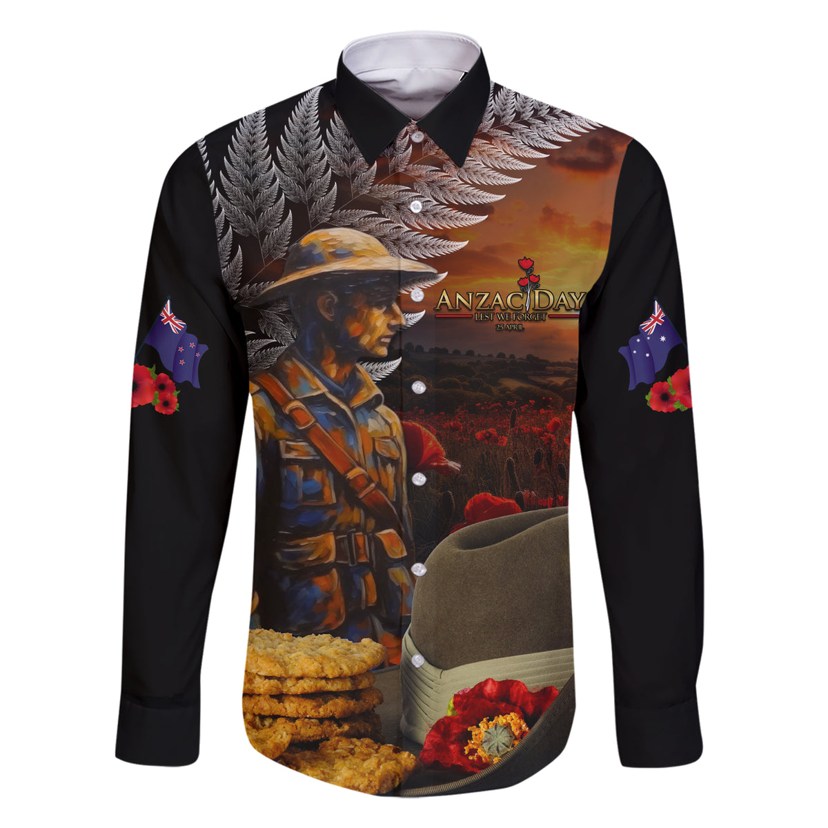 Slouch Hat and Biscuits ANZAC Family Matching Short Sleeve Bodycon Dress and Hawaiian Shirt with Soldier Silver Fern LT03 Dad's Shirt - Long Sleeve Black - Polynesian Pride