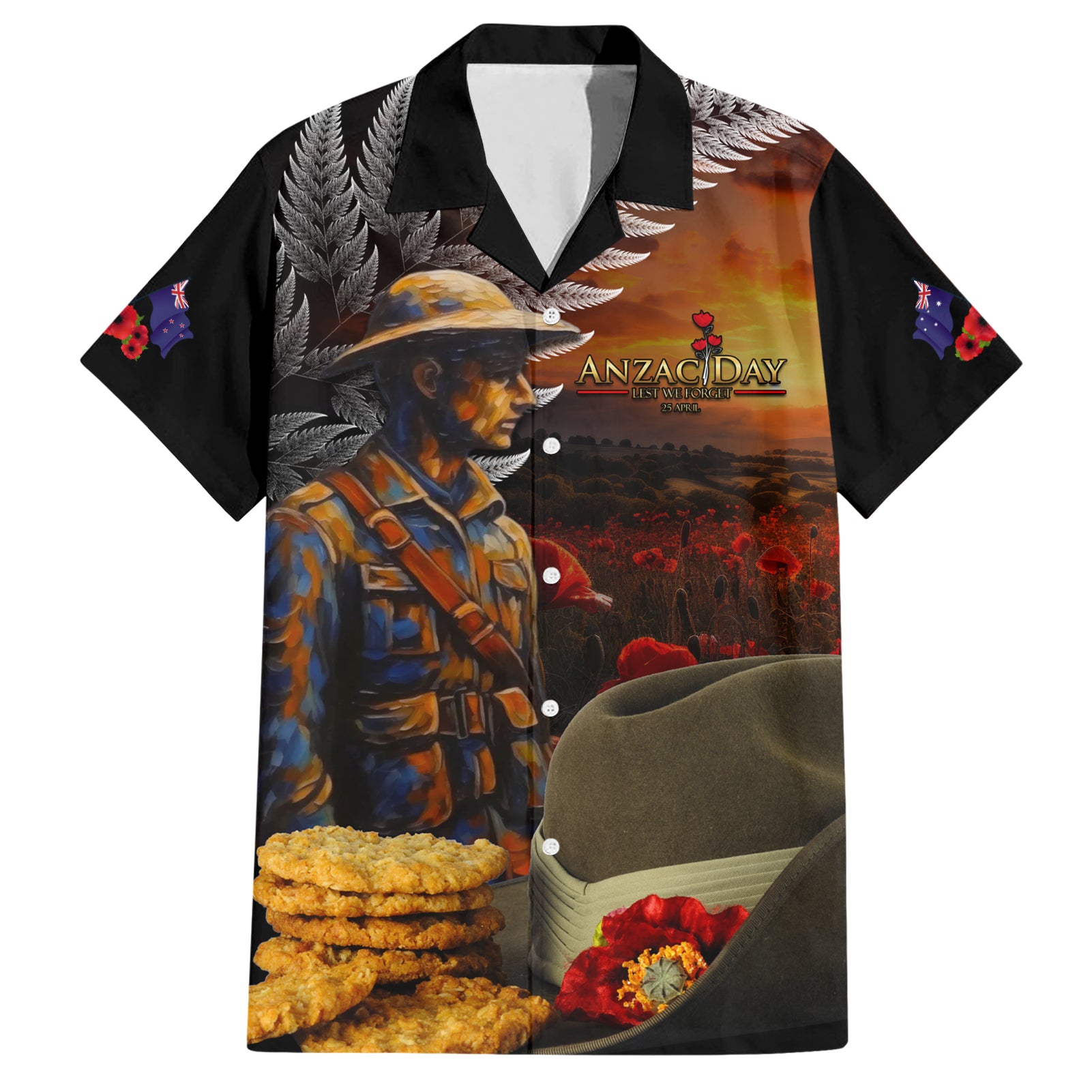 Slouch Hat and Biscuits ANZAC Hawaiian Shirt with Soldier Silver Fern LT03 Black - Polynesian Pride