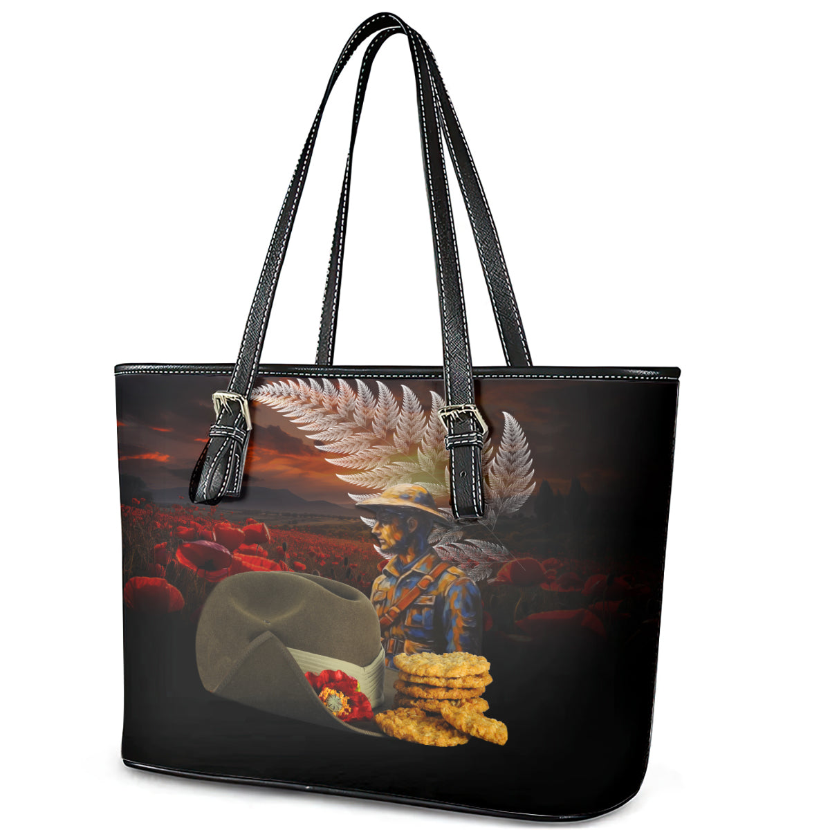 Slouch Hat and Biscuits ANZAC Leather Tote Bag with Soldier Silver Fern LT03 - Polynesian Pride