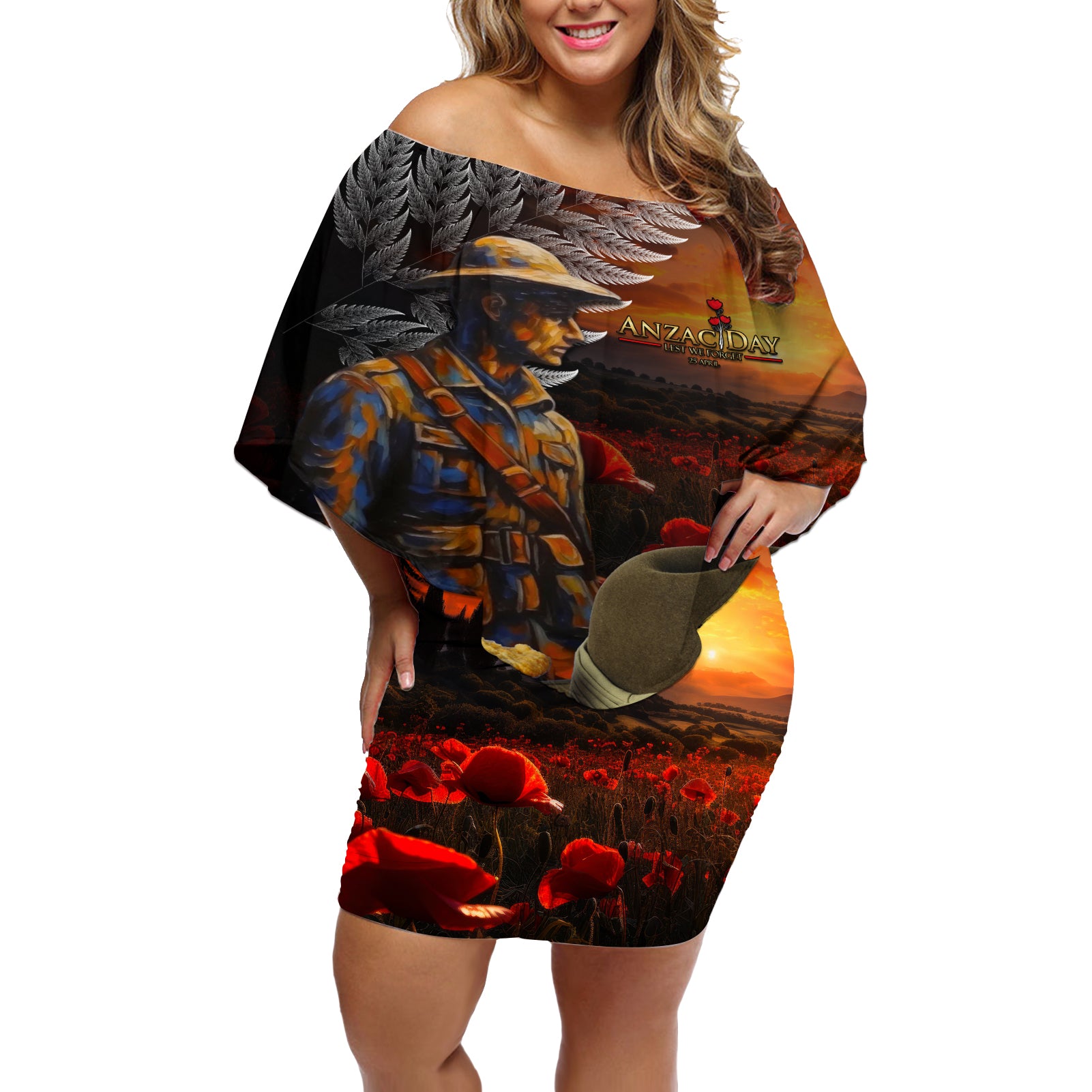 Slouch Hat and Biscuits ANZAC Off Shoulder Short Dress with Soldier Silver Fern LT03 Women Black - Polynesian Pride