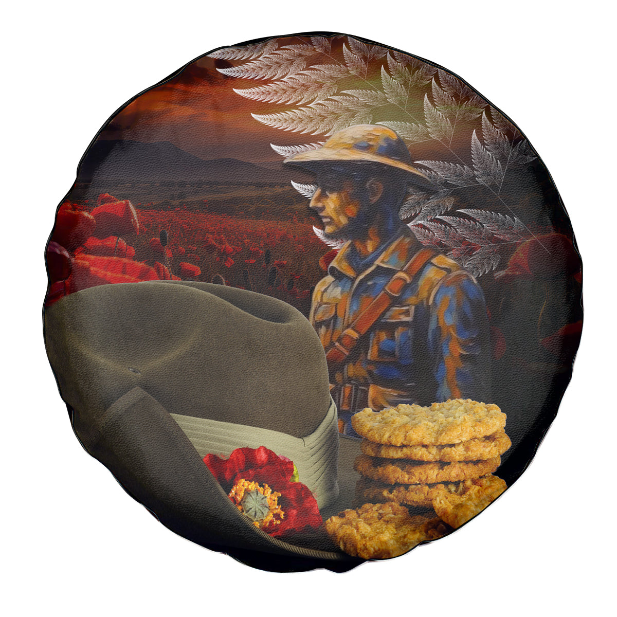 Slouch Hat and Biscuits ANZAC Spare Tire Cover with Soldier Silver Fern LT03 - Polynesian Pride