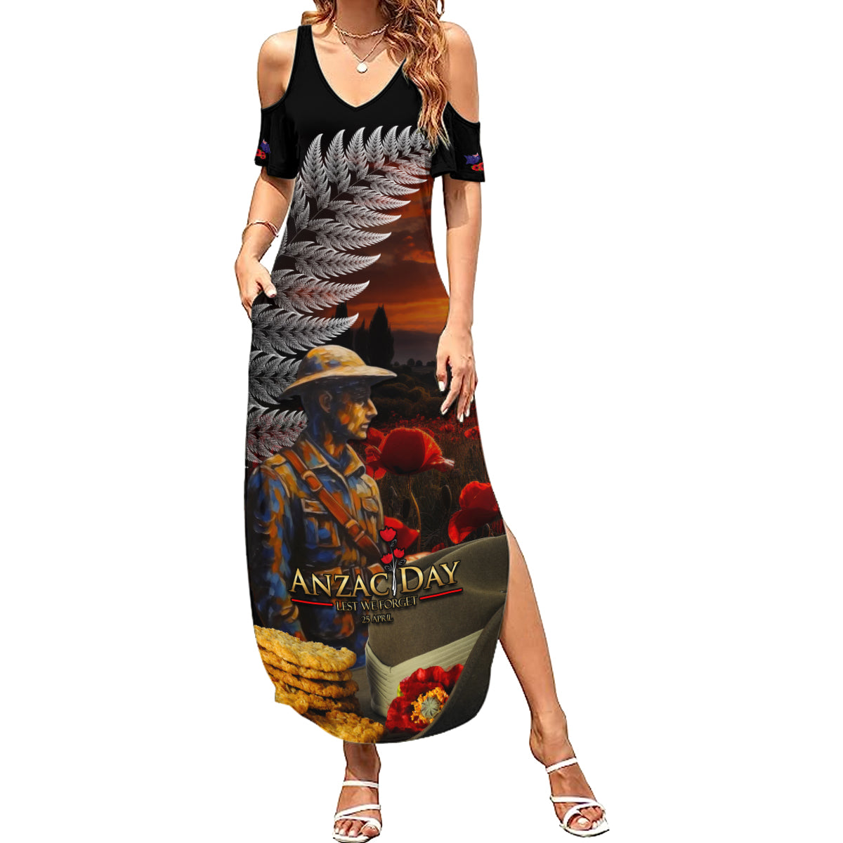 Slouch Hat and Biscuits ANZAC Summer Maxi Dress with Soldier Silver Fern LT03 Women Black - Polynesian Pride