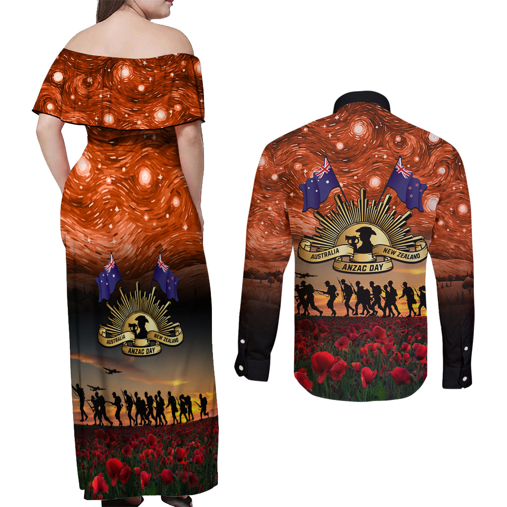 The Rising Sun Badge ANZAC Couples Matching Off Shoulder Maxi Dress and Long Sleeve Button Shirt Last Post Field of Poppy Starry Night Style LT03 - Polynesian Pride