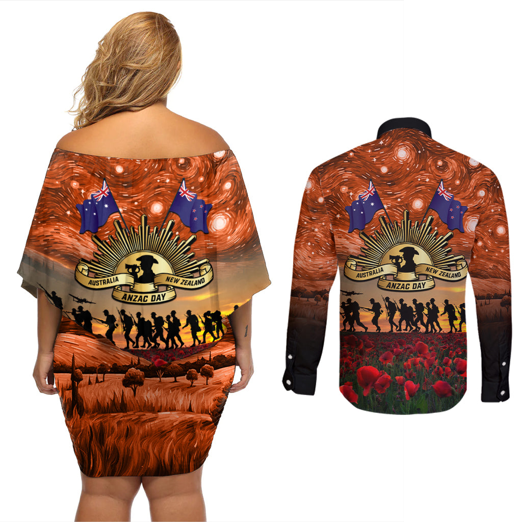 The Rising Sun Badge ANZAC Couples Matching Off Shoulder Short Dress and Long Sleeve Button Shirt Last Post Field of Poppy Starry Night Style LT03 - Polynesian Pride