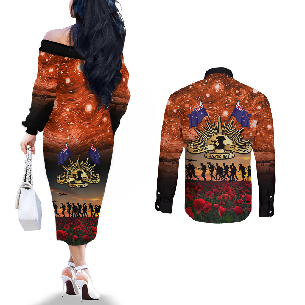 The Rising Sun Badge ANZAC Couples Matching Off The Shoulder Long Sleeve Dress and Long Sleeve Button Shirt Last Post Field of Poppy Starry Night Style LT03 - Polynesian Pride