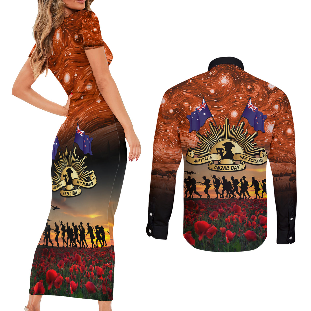 The Rising Sun Badge ANZAC Couples Matching Short Sleeve Bodycon Dress and Long Sleeve Button Shirt Last Post Field of Poppy Starry Night Style LT03 - Polynesian Pride