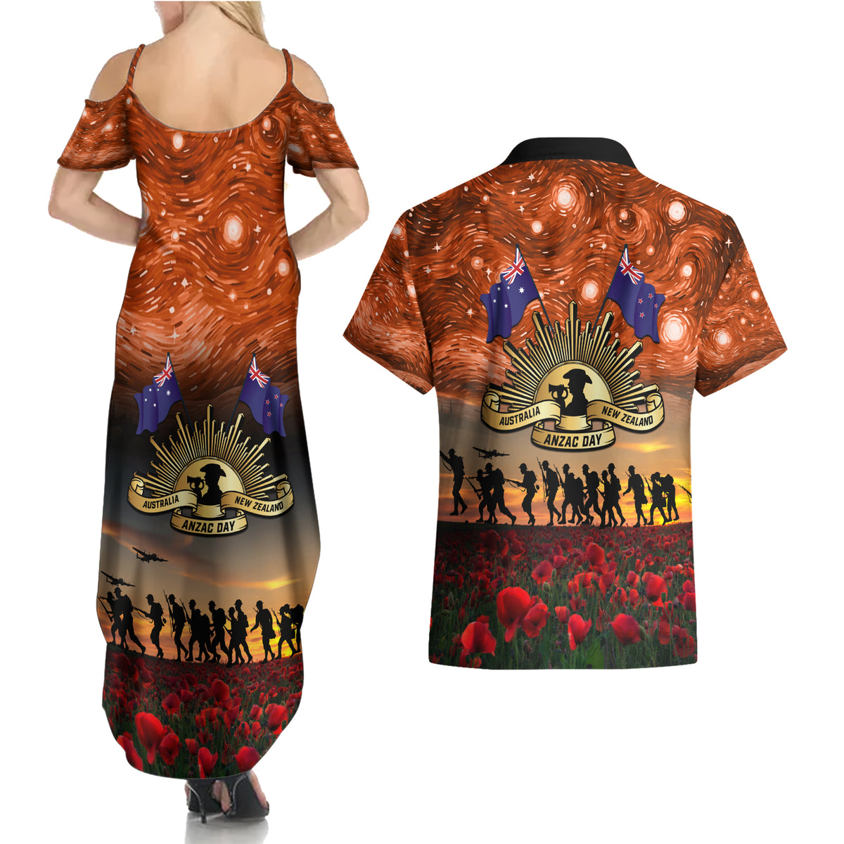 The Rising Sun Badge ANZAC Couples Matching Summer Maxi Dress and Hawaiian Shirt Last Post Field of Poppy Starry Night Style LT03 - Polynesian Pride