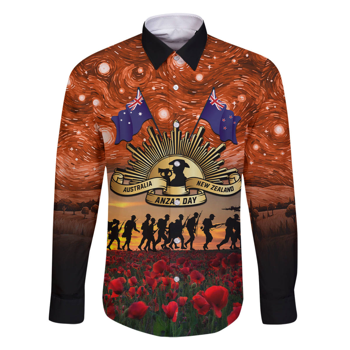 The Rising Sun Badge ANZAC Family Matching Tank Maxi Dress and Hawaiian Shirt Last Post Field of Poppy Starry Night Style LT03 Dad's Shirt - Long Sleeve Black - Polynesian Pride