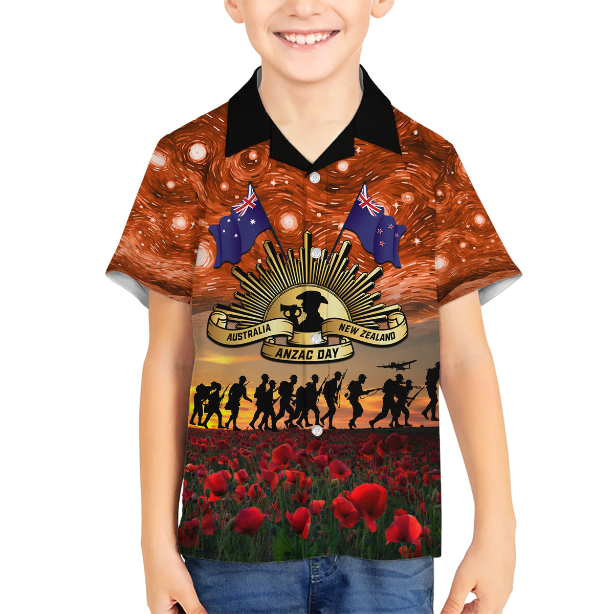 The Rising Sun Badge ANZAC Hawaiian Shirt Last Post Field of Poppy Starry Night Style LT03 - Polynesian Pride