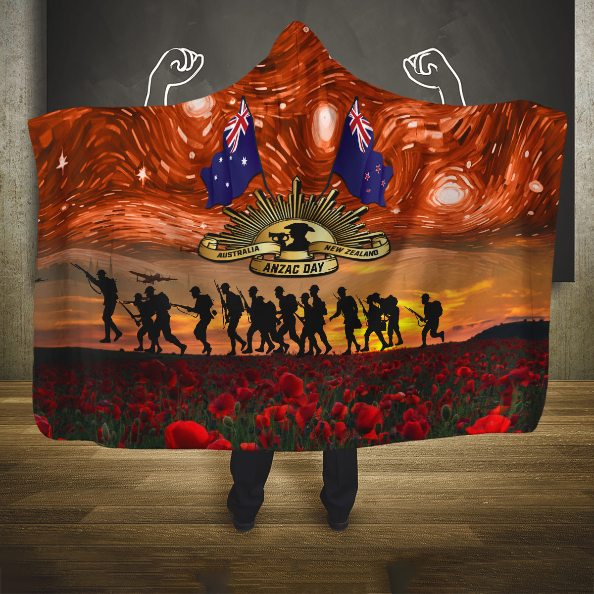 The Rising Sun Badge ANZAC Hooded Blanket Last Post Field of Poppy Starry Night Style LT03 One Size Black - Polynesian Pride