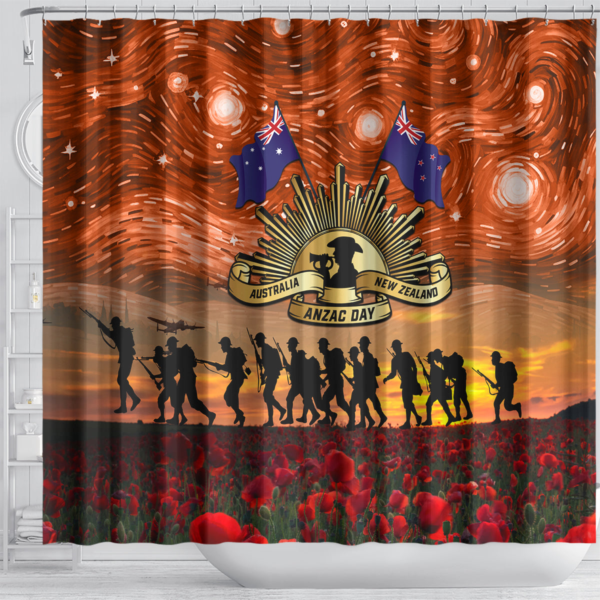 The Rising Sun Badge ANZAC Shower Curtain Last Post Field of Poppy Starry Night Style LT03 - Polynesian Pride