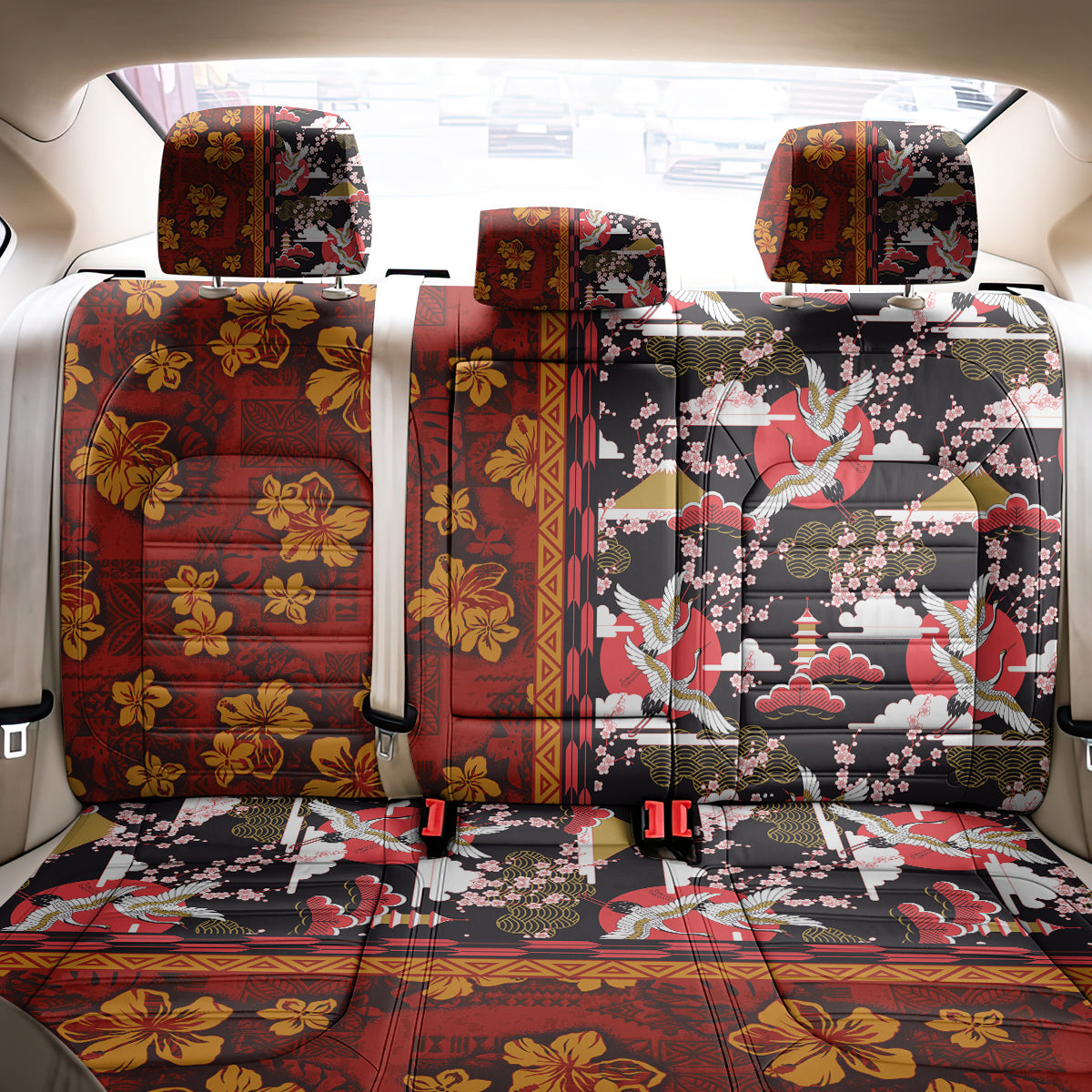 Japanese Culture Hawaii Style Back Car Seat Cover Hawaiian Tribal and Japanese Pattern Together Culture LT03