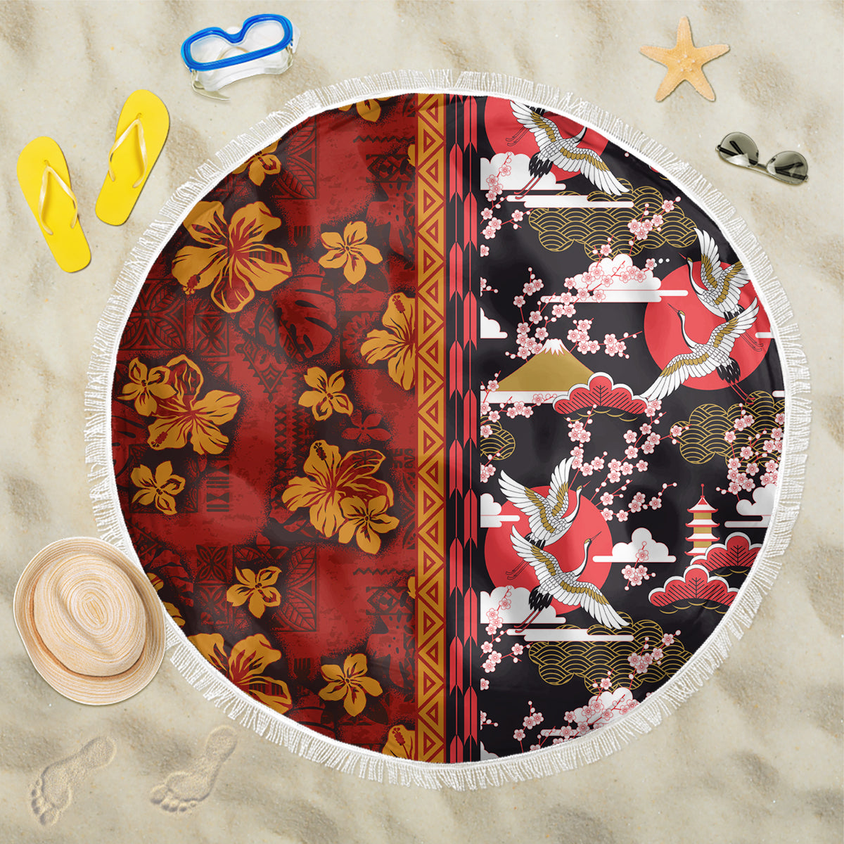 Pan-Pacific Festival Beach Blanket Hawaiian Tribal and Japanese Pattern Together Culture