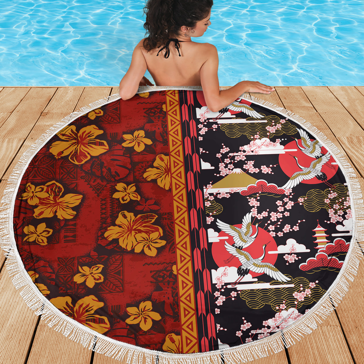Pan-Pacific Festival Beach Blanket Hawaiian Tribal and Japanese Pattern Together Culture