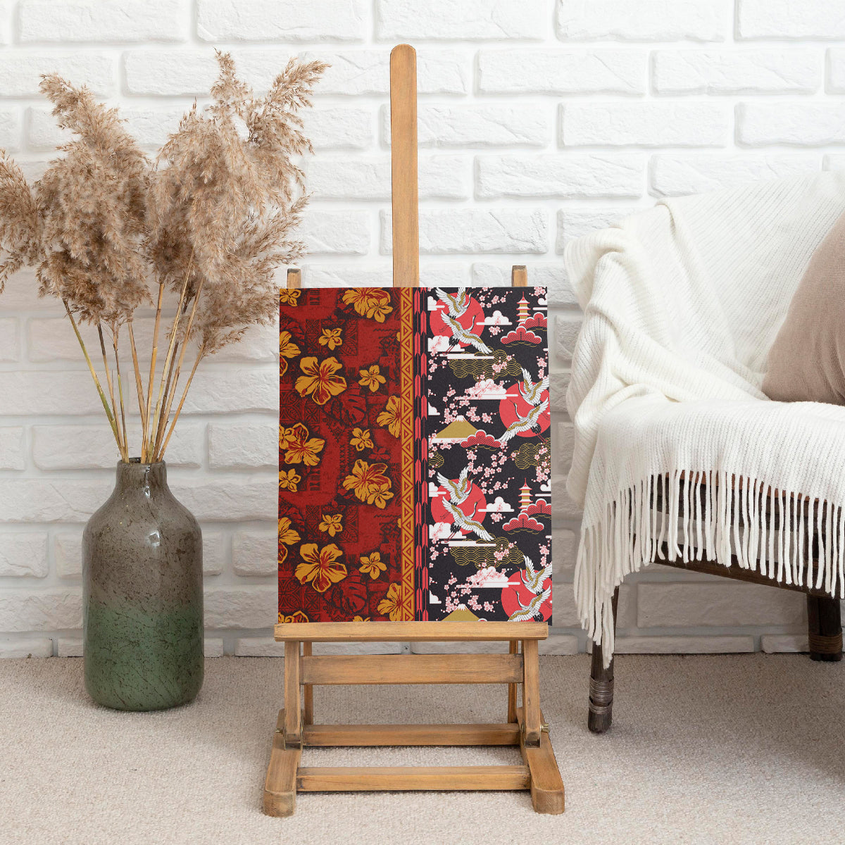 Pan-Pacific Festival Canvas Wall Art Hawaiian Tribal and Japanese Pattern Together Culture