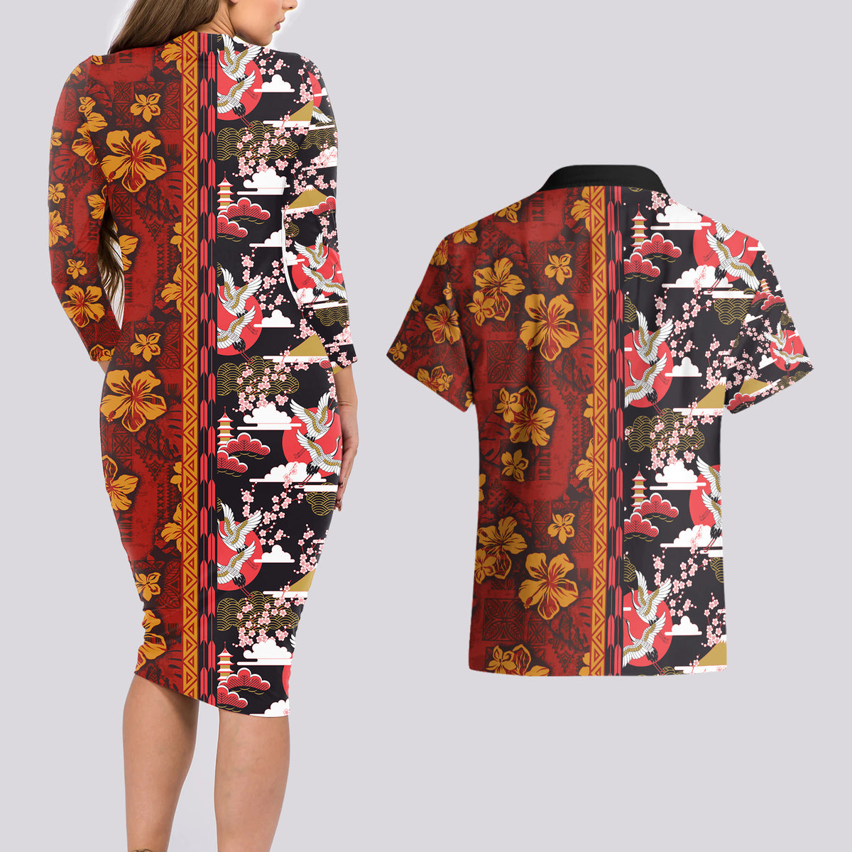 Japanese Culture Hawaii Style Couples Matching Long Sleeve Bodycon Dress and Hawaiian Shirt Hawaiian Tribal and Japanese Pattern Together Culture LT03 - Polynesian Pride